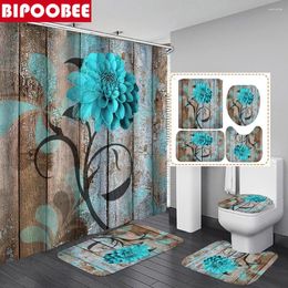 Shower Curtains 3D Curtain Floral Farmhouse Bathroom Blue Flowers Wood Grain Bath Mats Toilet Cover Anti-slip Carpet Home Decor