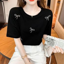 Women's T Shirts Cotton Short Sleeve T-shirt Fashion Slim O-neck White Black Tops Beaded Bow Casual Tee Female Shirt Top 2024