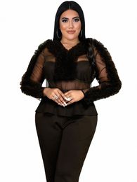 plus Size Sheer Mesh Top For Women Black Lg Sleeve See Through Tee Shirt Blouse Ruffles Pullover V Neck Club Night Clothing I22M#