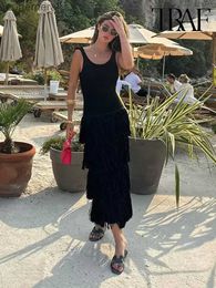 Basic Casual Dresses TRAF Summer Tassel Knitted Woman Black Beach Long for Women Backless Female Dress Wide Straps Midi yq240330