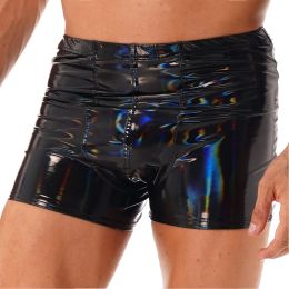 Sexy Mens Wet Look Patent Leather Boxer Briefs Bulge Pouch Shorts Underwear Shiny Metallic Swim Trunks Bikini Bottoms Swimwear