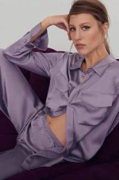 Grey purple sand washed silk crepe satin women's long sleeved two-piece loose fitting long sleeved shirt and pants set