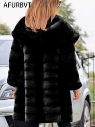 Winter Women High Quality Faux Rabbit Fur Coat Luxury Long Fur Coat Loose Lapel OverCoat Thick Warm Female Plush Coats Black