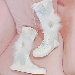 Casual Shoes White Canvas High Tops Women Knee Sneakers Furry Feather Rhinestone Flat Vulcanised Ladies Trainer Sport