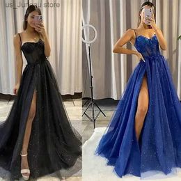 Urban Sexy Dresses Glitter Tulle Ruffled Prom Dress Long Ball Gown Spaghetti Straps Lace Appliqued 3D Flower Slit Bridesmaid Dresses Cocktail party T240330