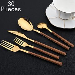 Flatware Sets 30Pcs Cutlery Stainless Steel Tableware Knife Fork Spoon Western Set Imitation Wooden Handle Silverware