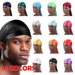 Satin Men Stretchy Cap Hip Hop Du Doo Rag Durag Wigs Turban Bandana Headwear Solid Colour Long Hat Tie Women Down Tail 14 Colours