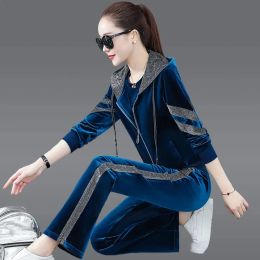 Casual Velvet 3 Piece Set Patchwork Zipper Hooded Tracksuit Ankle Length wide leg Pant Suits Sweatsuit Women Spring Loose Outfit