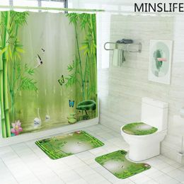 Shower Curtains Green Curtain For Bathroom Bath Mat Rug Carpet Toilet Lid Cover Bamboo Forest Print Bathtub Home Decor Gift