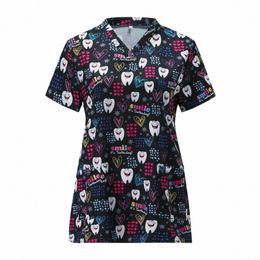 teeth Print Scrub Tops Women Dentist Working Uniform Nurse Scrub Uniformes Medicos Para Mujer Tooth Hospital Workwear A50 K1G9#