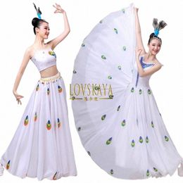 new gauze white Dai ethnic g performance dance peacock dance large swing skirt adult performance s5UK#