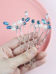 5PCS Light Blue Hair Pins for Women Rhinestone Head Jewellery Handmade Pearls Wedding Hair Accessories Party Bride Hair Clips