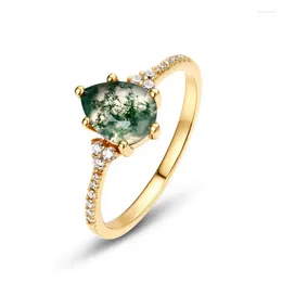 Cluster Rings America 925 Sterling Silver 6 8mm Pear Shape Natural Green Moss Agate Ring For Women Fine Jewellery