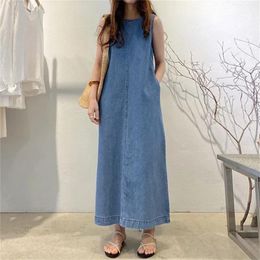 Fashion Long Dress Round Neck Sleeveless Pocket Loose Vest Denim Robe For Women Wholesale