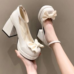 2023 Bowtie Ankle Strap Pumps for Women Balck White High Heel Platform Mary Janes Woman Square Heel Patent Leather Party Shoes