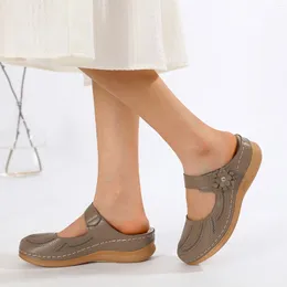Sandals Women Leather Upper Round Head Shoes Thick Soled Wedge Fashionable Foot Covering One Beach Summer