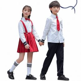 kid Japanese School Uniform Striped Shirt Red Pleated Strap Dr Skirt Navy Pants Tie for Girl Boy Clothes Set Student Outfit e1zb#