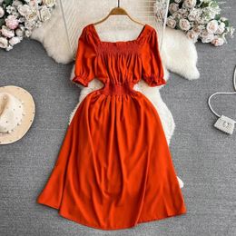 Party Dresses Formal Dress Women Elegant Solid Pleated Square Collar Puff Sleeve Spring A-line French Chic Vestido Female Drop