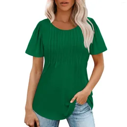Women's T Shirts Women Soild Crew-Neck Cute Tee Short Sleeve Pleated Dressy Casual Scooped Neck Shirt Top Fashion Blouse 2024