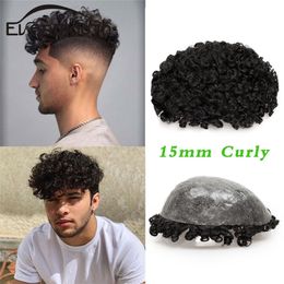 Men Toupee Curly hair 15mm Men Wig Natural Human Hair Men's Prosthesis Remy Hair Replacement System Male Wig