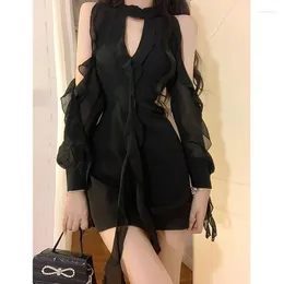 Casual Dresses Black Women Sexy Hollow Out Female Temperament Spring Off Shoulder Korean Style Solid Sweet Fashion