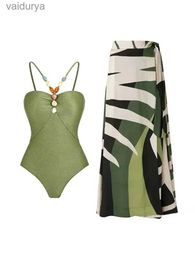 Women's Swimwear Green Slim Lace Up Cutout Bikini Sets Stones Beaded Belt Swimsuit with Asymmetric Cover 2Pack 2024Beach Bathing Suit yq240330