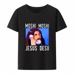 moshi Jesus Desu Funny T-shirt Men Tee Plus Size Short-sleeve Breathable T-shirts Casual Tops Pattern Roupas Masculinas Koszulki G495#