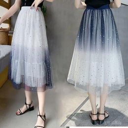 Skirts Fashion High-waisted Gradient Colour Skirt Women 2024 Summer Sparkling Starry Sky Mesh Fairy Fluffy Mid-length