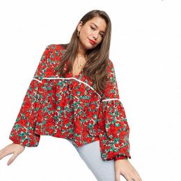 plus Size Floral Print Elegant Fi Blouse Women Sexy V-neck Lg Lantern Sleeve Loose Spring Casual Boho Top T-shirt 6XL 7XL s8CZ#