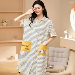 Women's Sleepwear Cotton Night Dress Women Korean Style Sweet Casual Loose Striped Nightgown Summer Thin Breathable Pijama Mujer
