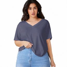 plus Size V-neck Short Sleeve Summer Casual Top Women Drop Shoulder Loose Oversize Solid Purple Basic T-shirt Tee Large Size 7XL h9TR#