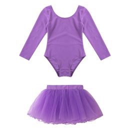 Girls Ballet Dance Leotards Long Sleeve Solid Colour Leotard+Tulle Tutu Skirt Outfit Kids Gymnastics Workout Performance Bodysuit
