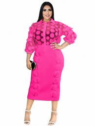fuchsia Women Plus Size Two Pieces Set See Through Mesh Shirt Turn Down Collar Top Slim Split Pencil Skirt Office Work Wear Suit 34Ev#