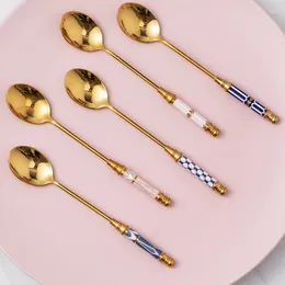 Coffee Scoops Gold-plated Spoon Long Handle Ice Cream Fruit Stirring Teaspoon Stainless Steel Tableware Dessert Cake Honey