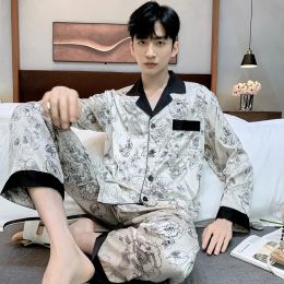 High Quality Satin Printed Pajamas Set Men's Nightwear Ice Silk Long Sleeve Loose Thin Teen Home Clothing Wear Suit Male Pyjama