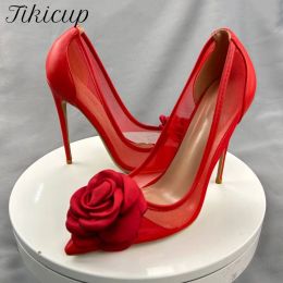 Tikicup Women Sexy Patchwork Red Mesh Gauze Pointy Toe High Heel Party Shoes Elegant Flower Stiletto Pumps 8cm 10cm 12cm