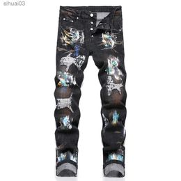 Men's Jeans Mens painted denim jeans with fly patch buttons and black stretch pants with tear tight tapered TrousersL2403