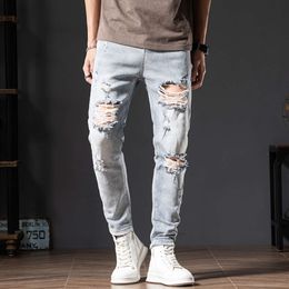 Beggar's Big Hole Light Colour Jeans Men's Autumn Korean Fashion Slim Fit Scooter Light Blue Split Pants