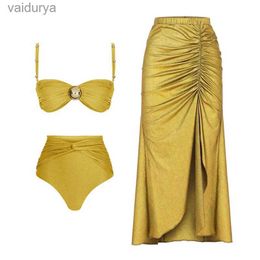 Women's Swimwear Solid Yellow High Waist Bikini Set Cover Up Swimsuit For Women Push Halter Three Pieces 2023 Beach Bathing Suits yq240330