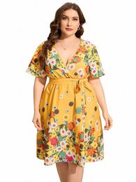 4xl 5xl Plus Size Midi Dr Women 2023 Summer V Neck Short Sleeve Floral Print Yellow Dr for Women Large Size Beach Dres L5Fg#