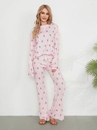 Home Clothing Women Fall Loungewear Pants Set Sweet Flower Print Long Sleeve Round Neck Pullover Tops With Drawstring 2 Pieces Sleepwear