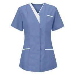 Hospital Nursing Uniform Women Scrubs Tops Solid Color Short Sleeve Carer Nurse Working Medical Uniforms Blouse Pullovers Female