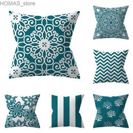 Pillow 45x45cm Blue Green Leaf Floral Plant Geometric Cover Sofa Seat Office Lumbar Cushion Home Decor Y240401