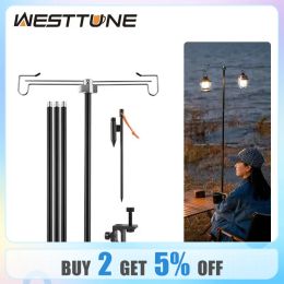 Tools WESTTUNE Camping Lamp Stand with Double Hooks Aluminium Alloy Foldable Lamp Pole Telescopic Outdoor Light Holder Lamp Hanger