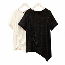 150kg Plus Size Women's Bust 150 Summer Shiny Bright Top Loose Irregular Short-Sleeved T-Shirt Black White 5XL 6XL 7XL 8XL 9XL L5rr#