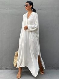 Swimsuit Cover Up White Maxi Beach Dresses Kaftan Kimono Elegant Pocket Loose Summer Tunic Beachwear Bathing Suits