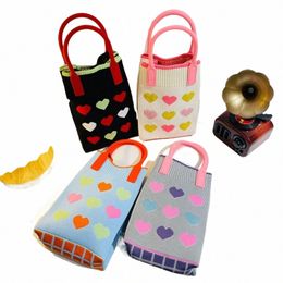 mini Knit Handbag Handmade Knit High-capacity Shop Bags Love Heart Knot Wrist Bag Girl y0Q1#