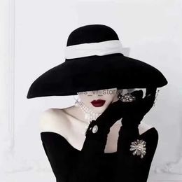 Wide Brim Hats Bucket Luxury Designer Hat Elegant Brown Temperature Black Velvet Ribbon Hepburn H240330