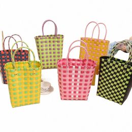 small fresh Colour plaid plastic handbag New style small square vertical woven bag Handle straw woven bag k5jl#
