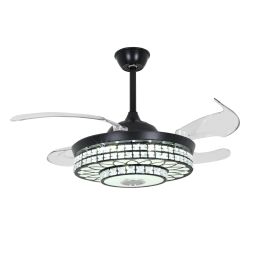 42" Ceiling Fan Light LED Retractable Bluetooth Music Speaker Chandelier 7-Color Crystal Modern Ceiling Fan Remote Home Decor